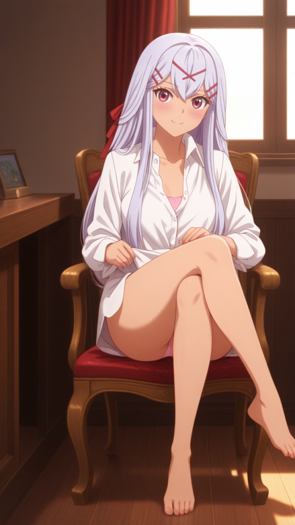 Yurisia, protagonista anime di Il Mastro Artigiano Frainteso, seduta su una sedia. Capelli lilla, camicia bianca.
