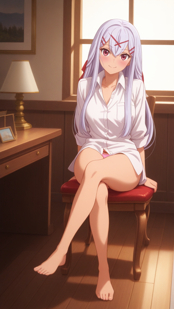 Yurisia, proprietaria di bottega incompresa. Ragazza anime dai capelli bianchi seduta su una sedia.