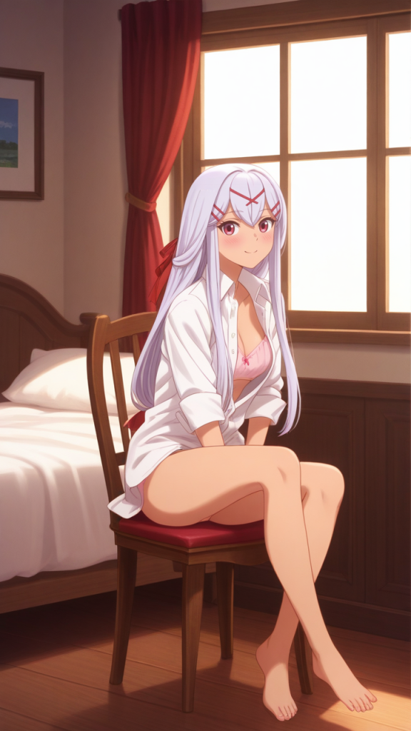 Yurisia, personaggio anime. Ragazza dai capelli bianchi seduta su una sedia, indossa una camicia bianca.