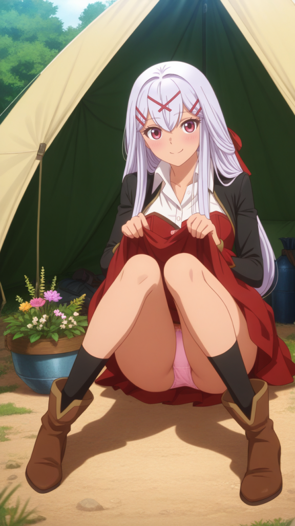Yurisia anime, ex tuttofare, mostra la biancheria intima. Personaggio con capelli bianchi e occhi rossi, stile manga.