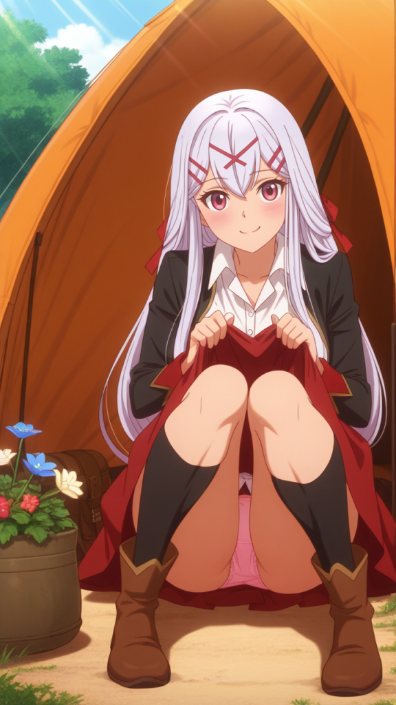 Anime Yurisia: ragazza dai capelli bianchi in campeggio. Abbigliamento: stivali, calze nere, gonna rossa. Tenda arancione sullo sfondo.