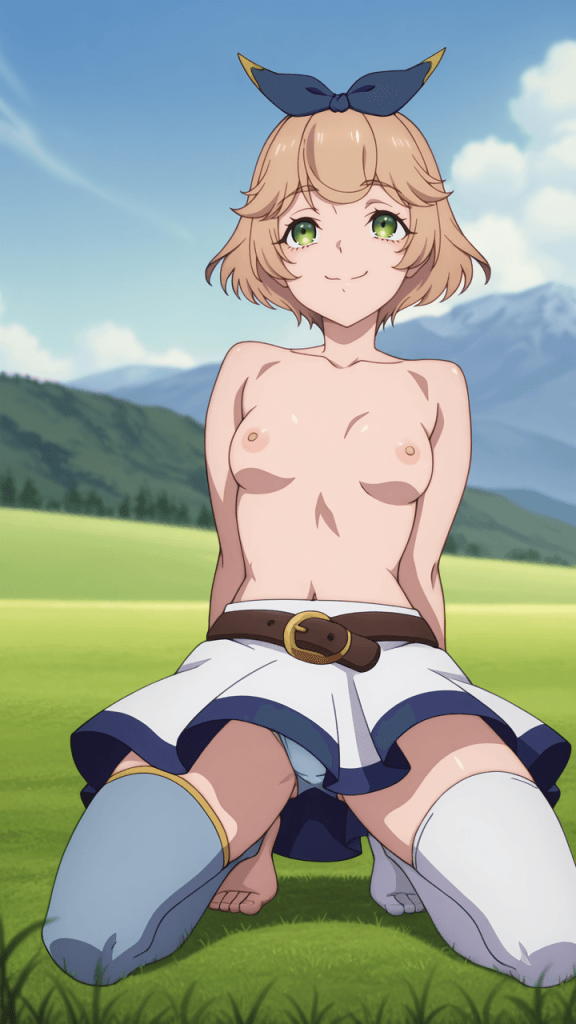 Cluny Cluciel, anime erotico. Ragazza bionda con fiocco, seno scoperto, minigonna e stivali inginocchiata sull'erba.
