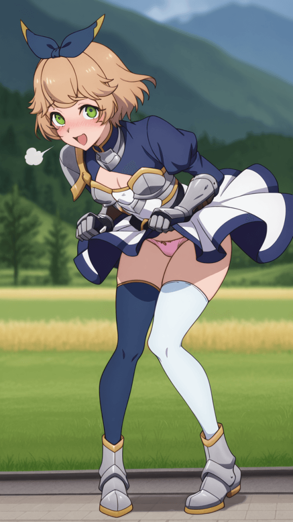 Anime Ero: Cluny Cluciel, spadaccina arrossisce. Vento solleva la gonna, rivelando biancheria intima rosa. Occhi verdi, capelli biondi.