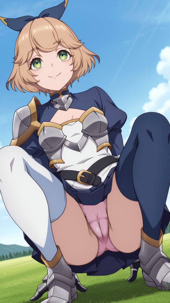 Cluny Cluciel, guerriera anime con armatura, vista dal basso. Fan service.