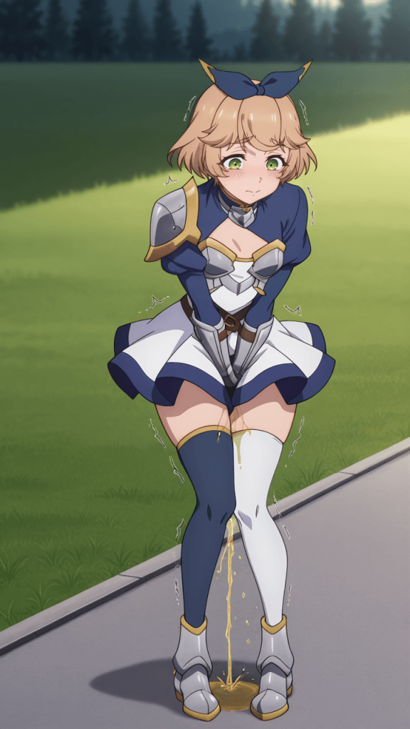 Anime girl Cluny Cluciel, spada sacra, imbarazzo. Incidente pipì.