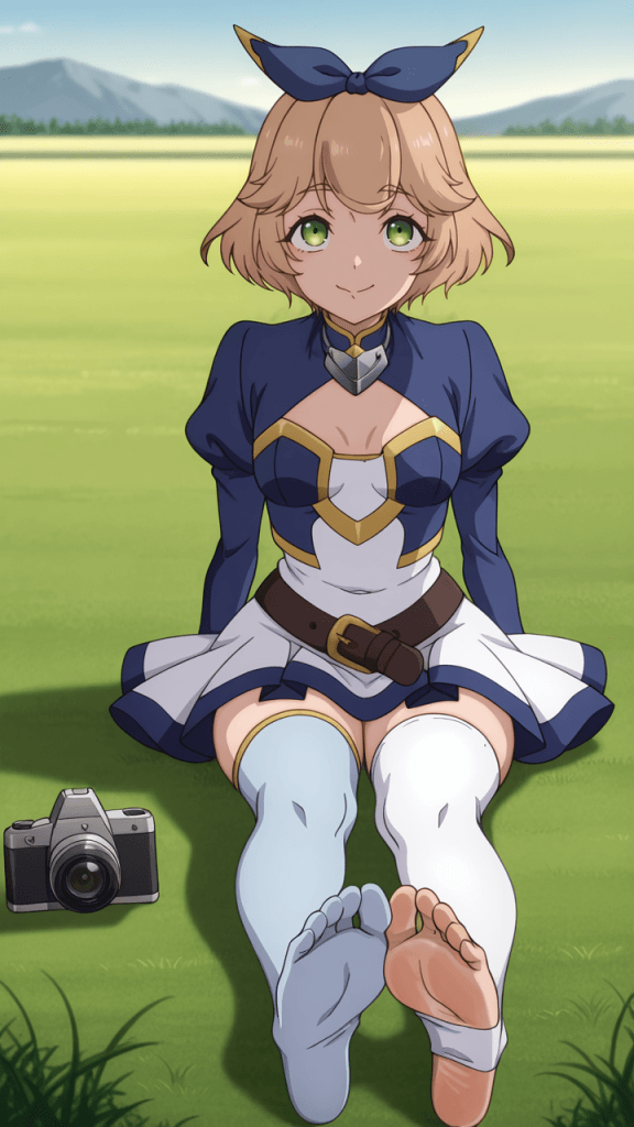 Anime: ragazza bionda seduta sull'erba con fotocamera. Un piede è scalzo, l'altro con calza. Titolo: 片田舎のおっさん、剣聖になる