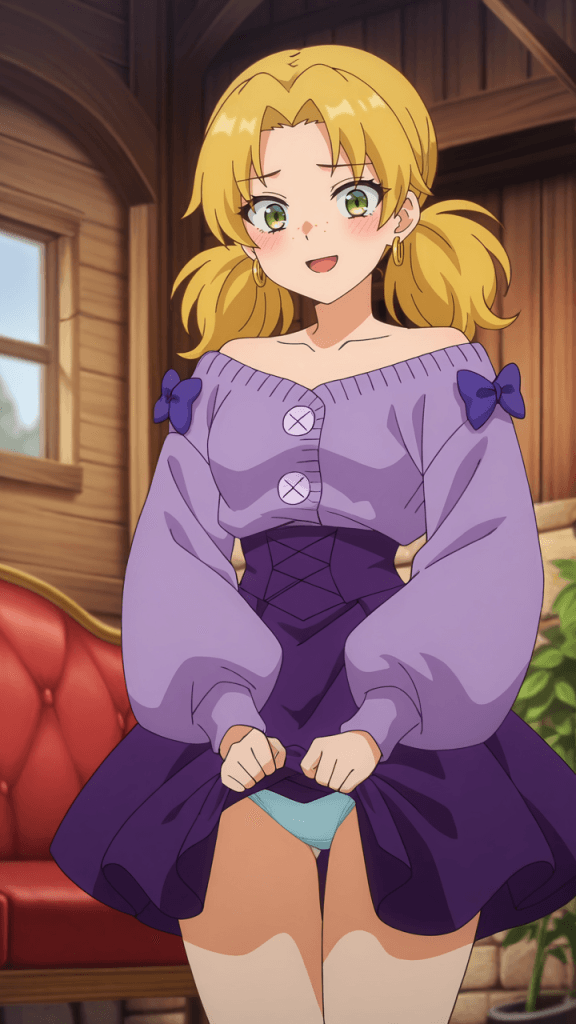 Ragazza anime bionda con codini, vestito viola, alza la gonna. Ero-image Jamie, ex studentessa, dungeon.