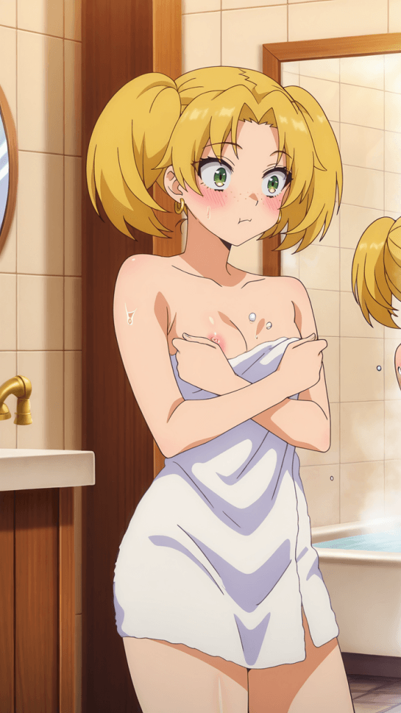 Anime Jamie in bagno, ex studentessa, asciugamano. Ero-immagine.