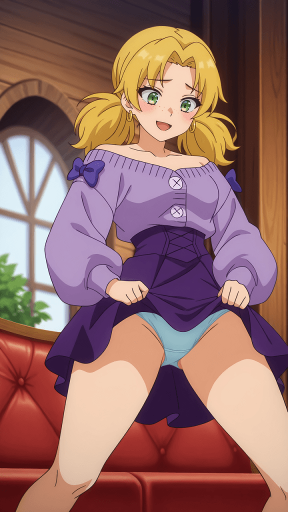 Anime Jamie: ex-studentessa con capelli biondi e occhi verdi, alza la gonna viola. Intimo azzurro.