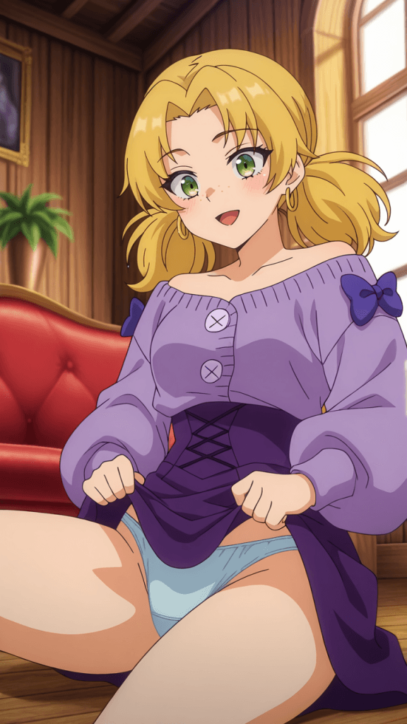 Jamie, ex-studentessa, anime girl bionda con occhi verdi. Maglia viola, lingerie azzurra. Ero-image.