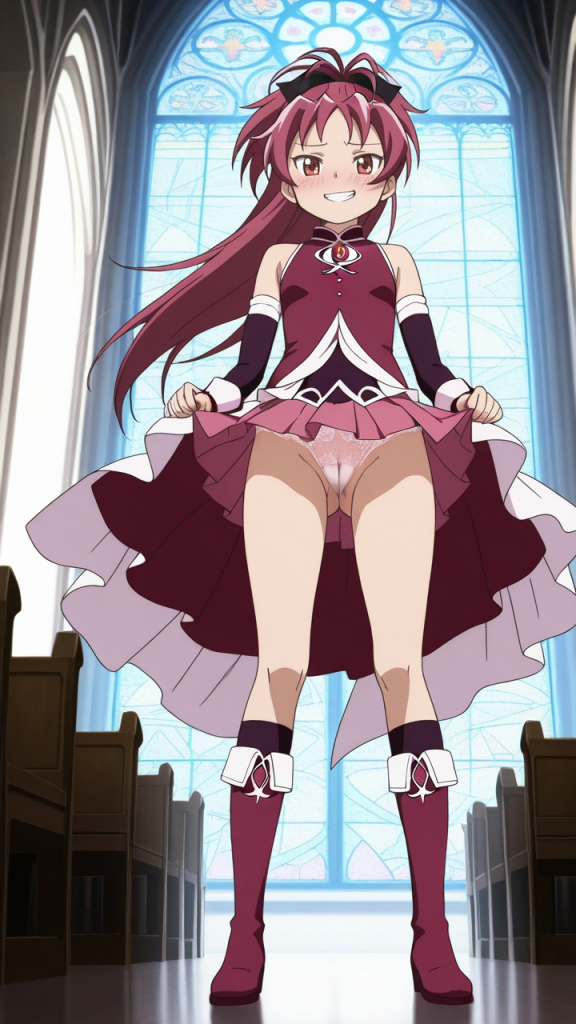 Sakura Kyouko (Madoka Magica) alza la gonna. Anime erotico.