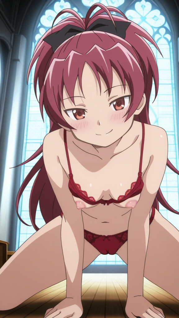 Sakura Kyouko (Madoka Magica) in lingerie rossa. Manga erotico di una maghetta.