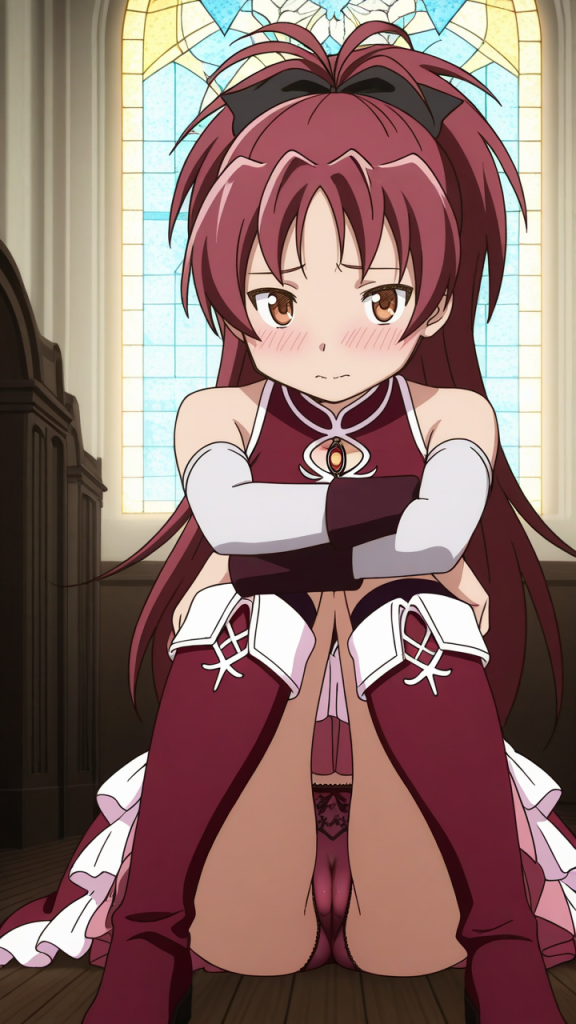 Sakura Kyouko di Madoka Magica, seduta. Personaggio anime con capelli rossi e occhi marroni.