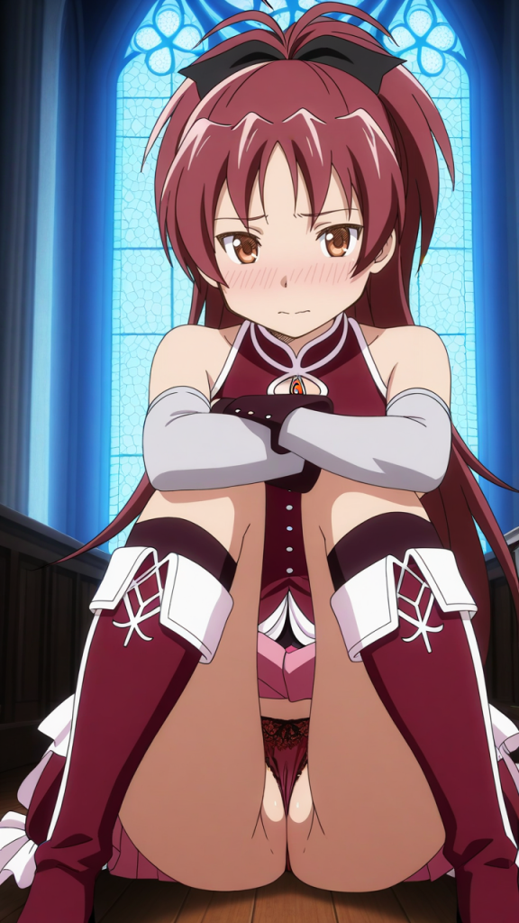 Sakura Kyouko di Madoka Magica in lingerie, seduta. Manga, anime, ero-guro.