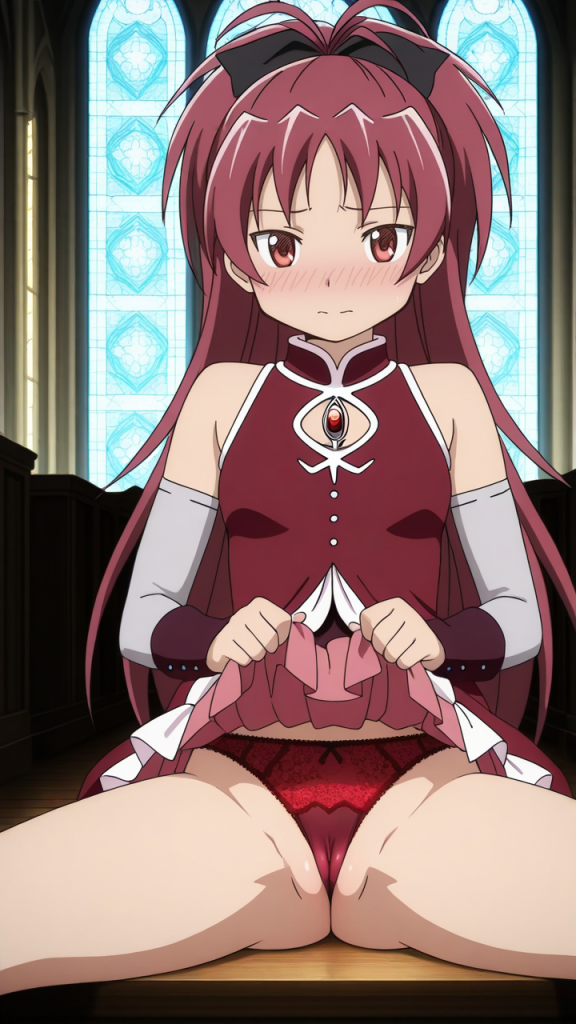 Sakura Kyouko (Madoka Magica) in lingerie rossa. Immagine erotica anime.