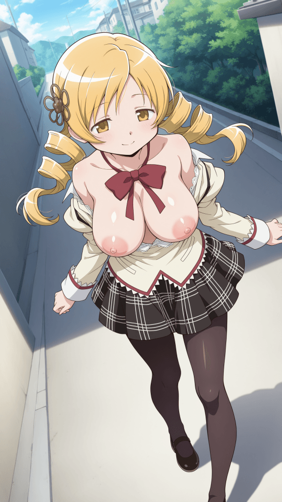 Mami Tomoe di Madoka Magica in abiti succinti. Anime girl bionda con fiocco rosso.