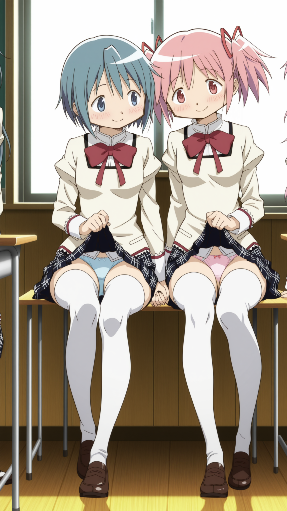 Ero-immagine lesbica di Madoka Magica: Miki Sayaka e Kaname Madoka in uniforme scolastica.