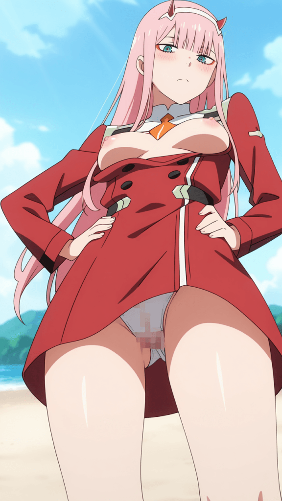 Zero Two di Darling in the Franxx. Manga erotico, anime girl con capelli rosa e corna.