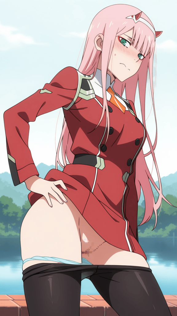 Zero Two di Darling in the Franxx. Anime ero, ragazza con capelli rosa e uniforme rossa.