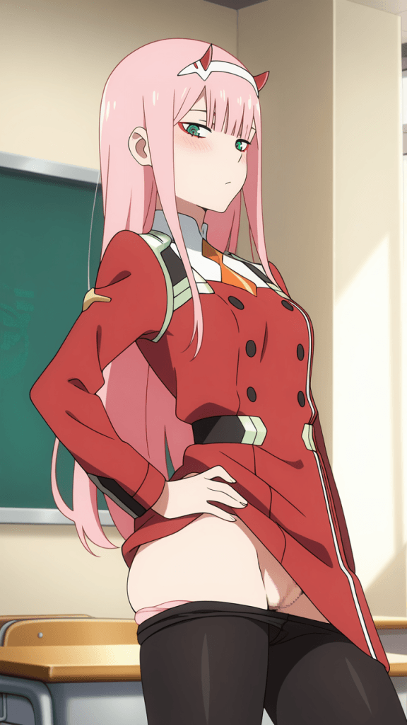 Zero Two di Darling in the Franxx. Anime erotico, capelli rosa e uniforme rossa.
