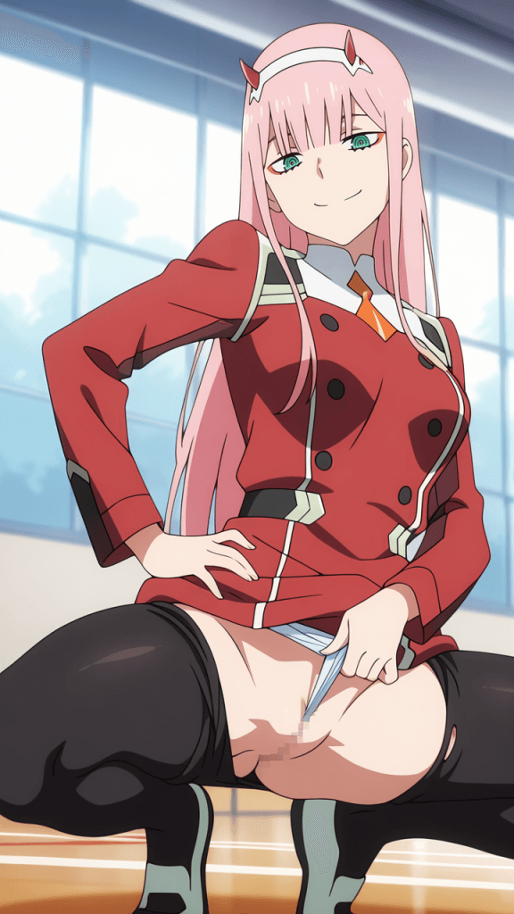 Zero Two di Darling in the Franxx. Anime erotico con ragazza in calze e uniforme rossa.