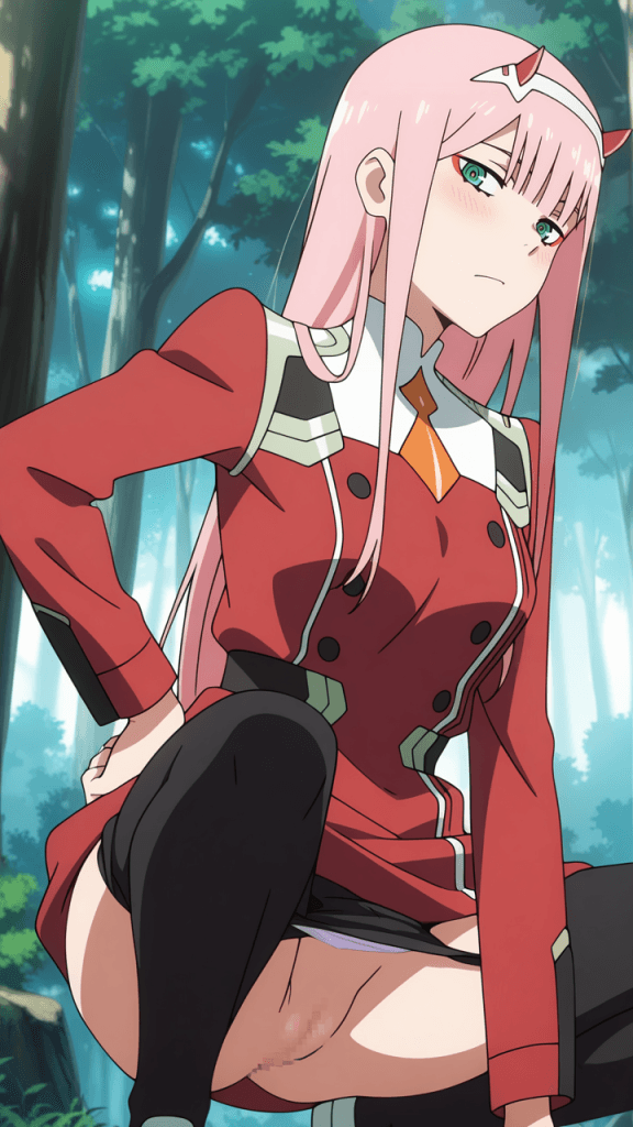 Zero Two di Darling in the Franxx. Anime erotico, capelli rosa, uniforme rossa.