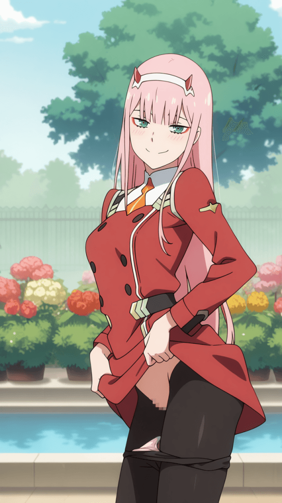 Zero Two di Darling in the Franxx. Anime erotico con ragazza dai capelli rosa.