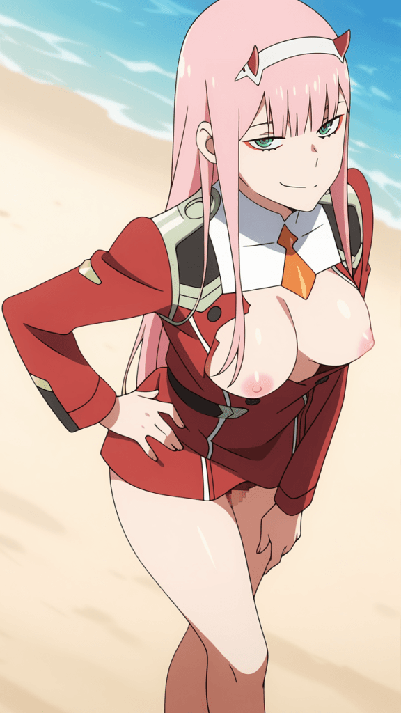 Zero Two di Darling in the Franxx. Anime erotico con capelli rosa e uniforme rossa.