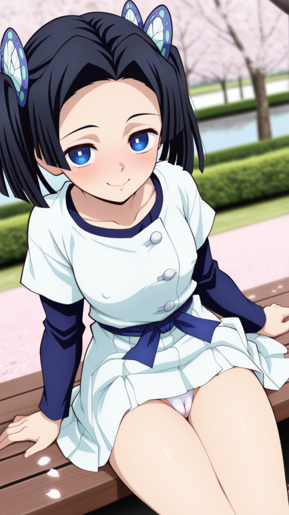 Anime: Aoi Kanzaki (Demon Slayer). Ragazza manga con fermagli a farfalla, seduta su una panchina.