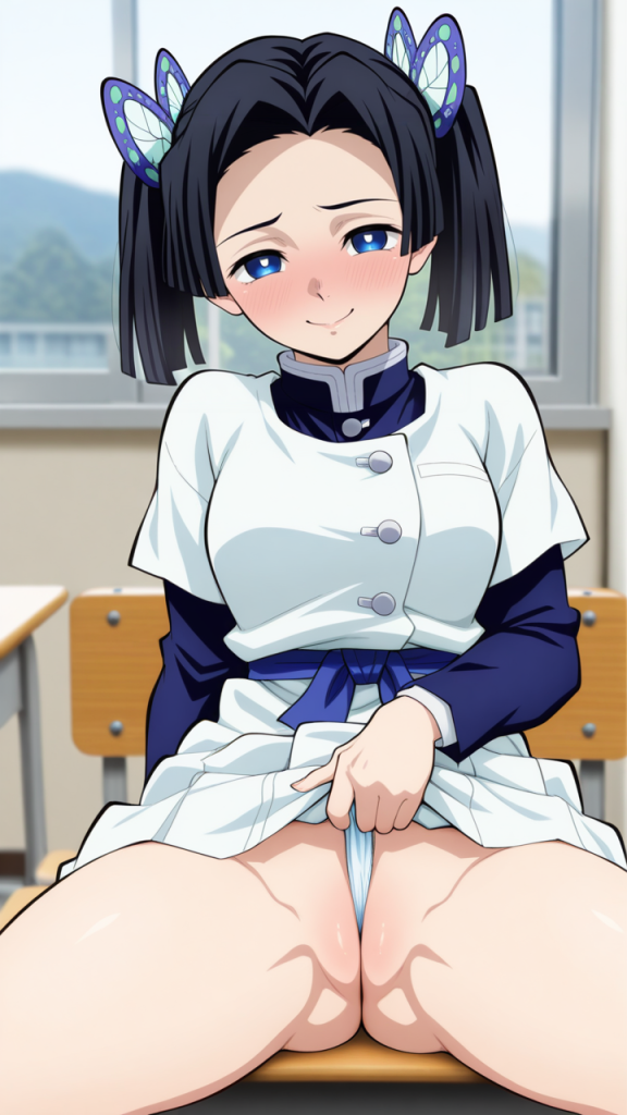 Fanart erotica di Kanzaki Aoi da Demon Slayer. Ragazza anime con uniforme scolastica.