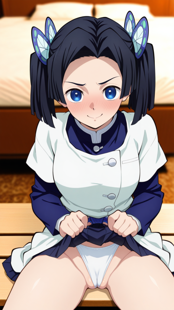 Fanart erotico di Aoi Kanzaki da Demon Slayer. Ragazza anime con fermagli a farfalla.