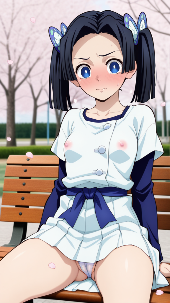 Immagine erotica di Aoi Kanzaki da Demon Slayer. Anime girl con fermagli a farfalla seduta su una panchina.