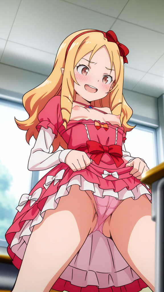 Ero-immagine di Elf Yamada (Eromanga Sensei). Anime girl in abito rosa.