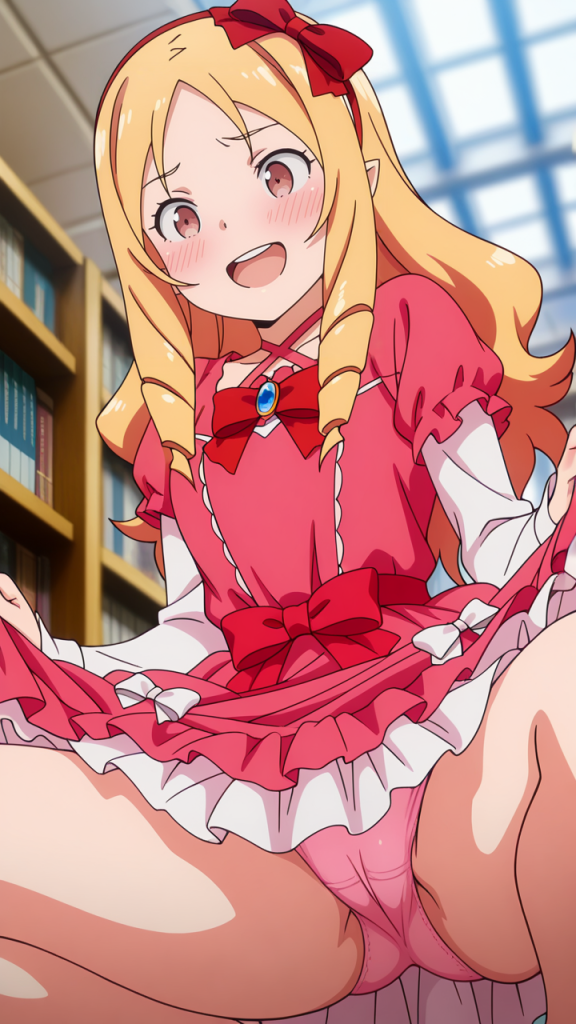Ero-manga: Yamada Elf, anime girl in abito rosa. Sorriso dolce, capelli biondi.