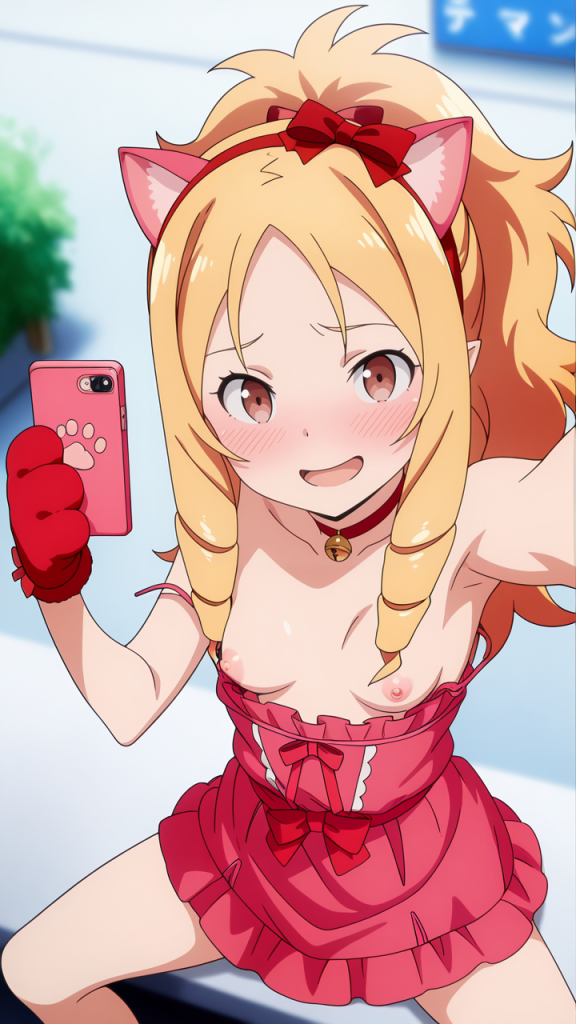Ero manga: Yamada Elf, anime girl con orecchie da gatto e vestito rosa fa un selfie.
