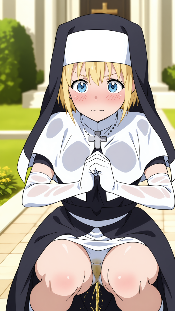 Anime Fire Force Iris, suora bionda fa pipì. Immagine erotica ad alta risoluzione.