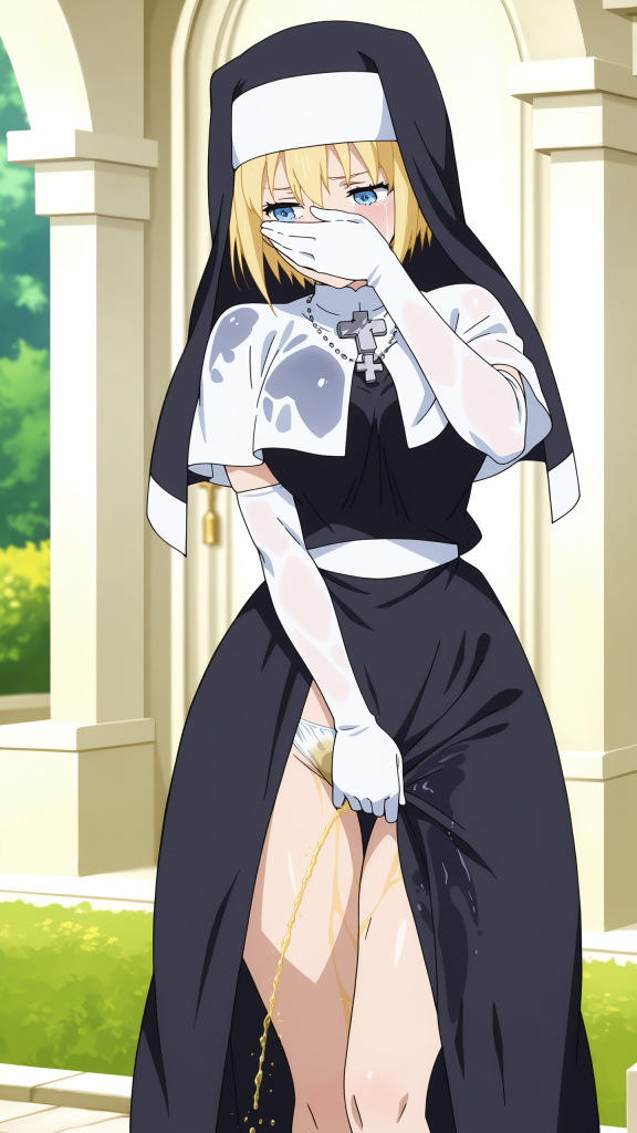 Anime Fire Force Iris, immagine erotica. Ragazza bionda in abiti da suora si fa la pipì addosso. Alta qualità.
