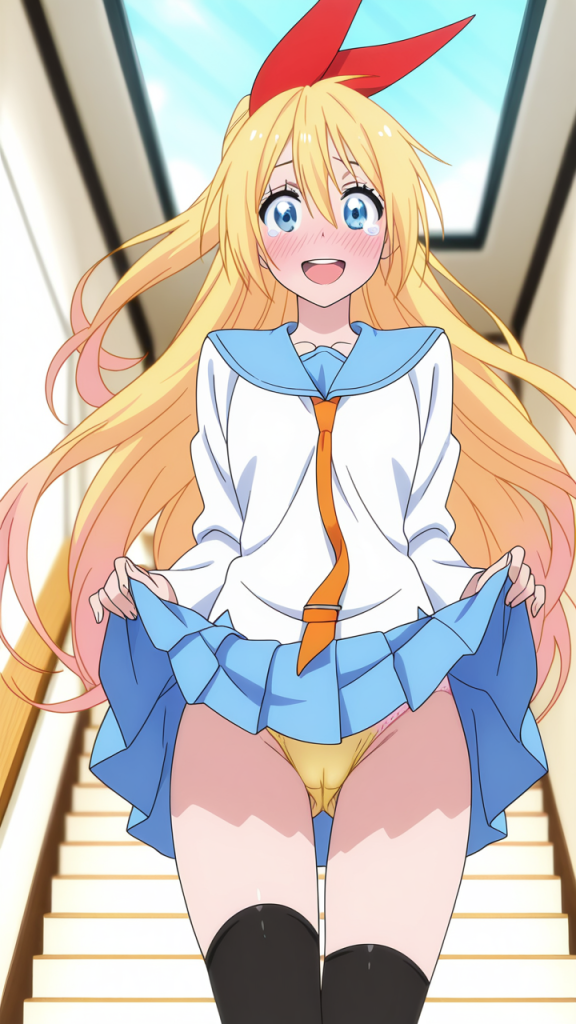 Anime Nisekoi: Kirisaki Chitoge in divisa scolastica, sorridente e con fiocco rosso. Immagine erotica.