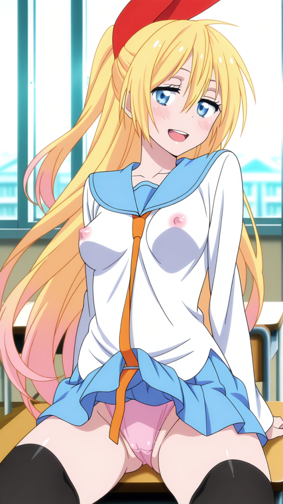 Ero-immagine di Nisekoi: Chitoge Kirisaki in uniforme scolastica. Anime girl bionda con fiocco rosso.