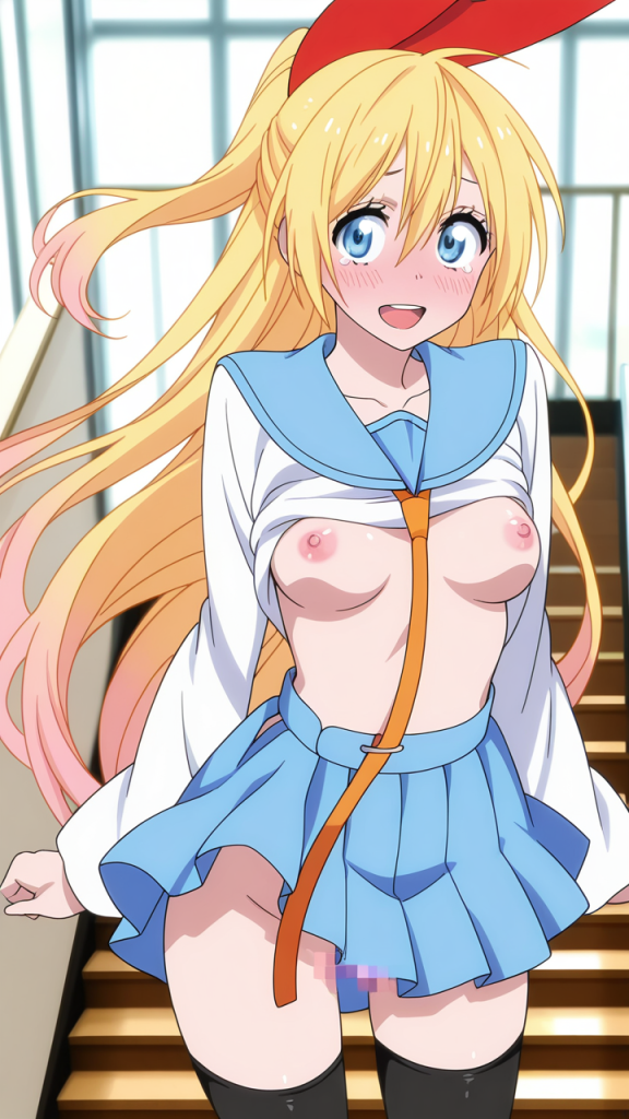 Anime Nisekoi: Kirisaki Chitoge in uniforme scolastica, seno scoperto. Immagine erotica.