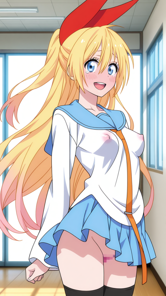 Ero-immagine di Nisekoi:桐崎千棘. Anime girl bionda con fiocco rosso. Fan service anime.