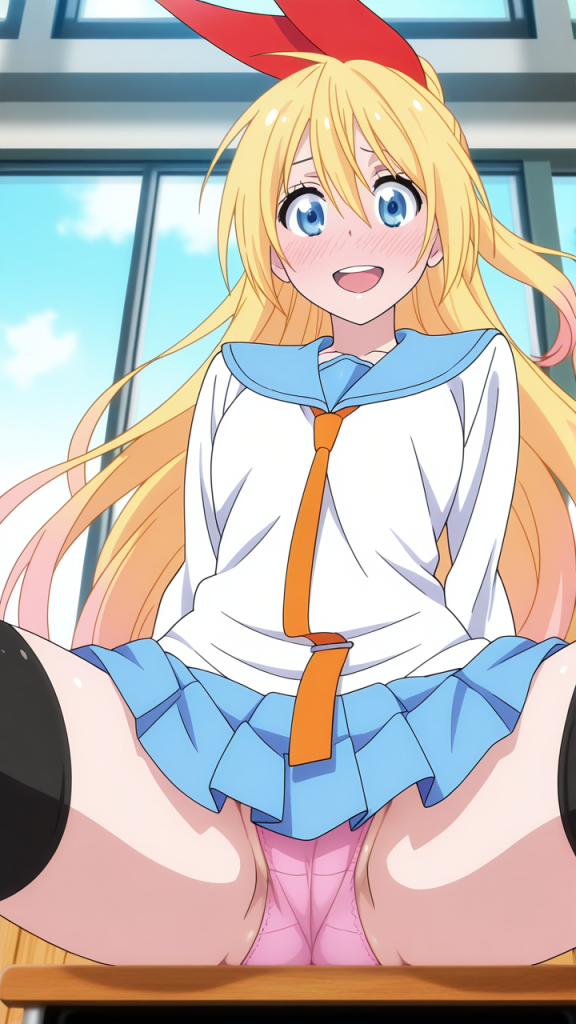 Nisekoi:桐崎千棘 (Chitoge Kirisaki). Anime erotico, ragazza bionda con fiocco rosso e uniforme scolastica.