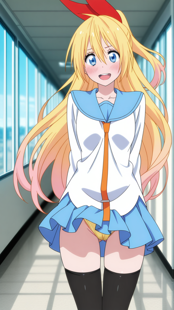 Nisekoi: ritratto di Kirisaki Chitoge, anime girl bionda con fiocco rosso e uniforme scolastica.