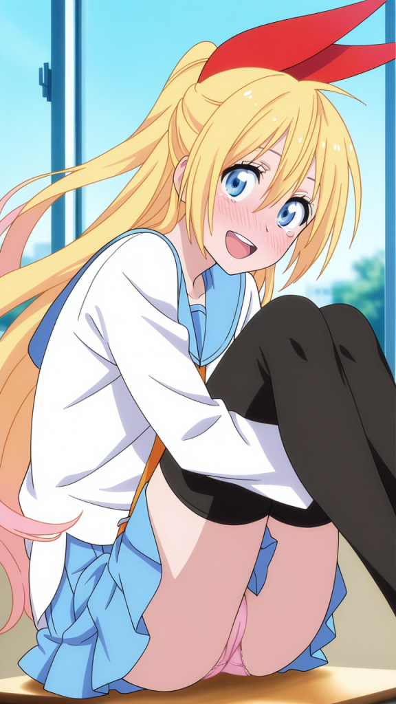 Chitoge Kirisaki (Nisekoi) in uniforme scolastica. Anime girl bionda con fiocco rosso. Eroguro.