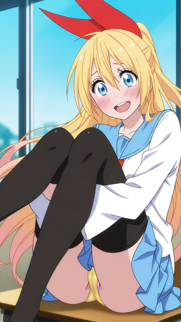 Anime Nisekoi: ritratto di Kirisaki Chitoge sorridente con uniforme scolastica e fiocco rosso.
