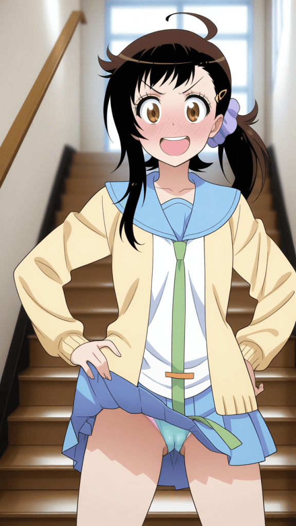 Anime Nisekoi: Haru Onodera in uniforme scolastica. Ragazza sorridente con gonna sollevata.