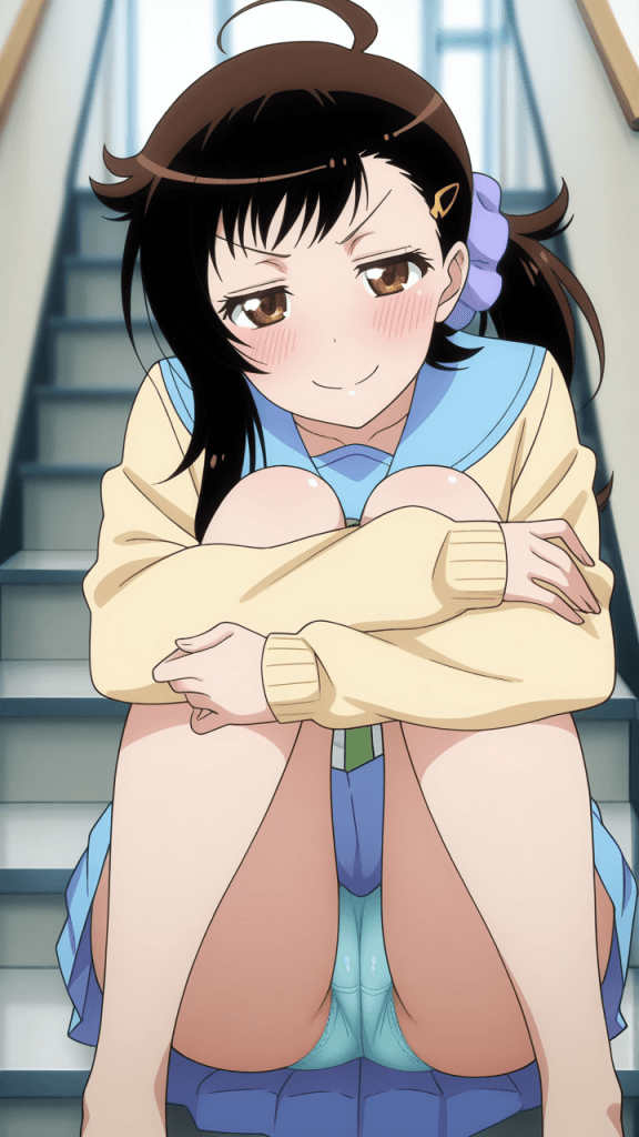 Anime Nisekoi: Haru Onodera sorride seduta sulle scale. Manga, fan art.