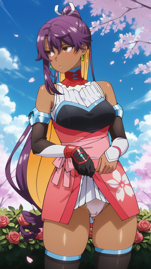 Reバース-ユラ: Anime girl, carnagione scura, capelli viola e biondi. Abito rosa con fiori. Cielo azzurro e fiori di ciliegio.