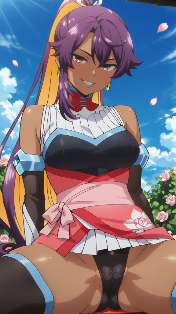 Ero immagine di Yura da Onmyou Kaiten ReBirth: anime girl con capelli viola e vestito rosso.