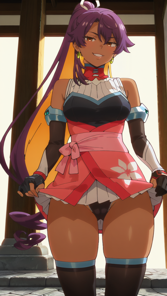 Yura ReBirth陰陽廻天. Anime girl sexy con capelli viola e vestito rosa.